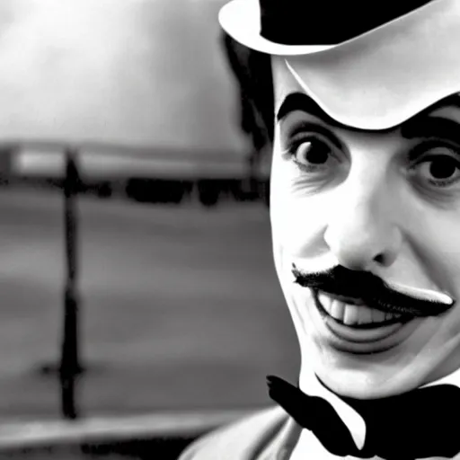 Image similar to film still of Adam Sandler as Charlie Chaplin in Modern Times, 4k, black and white