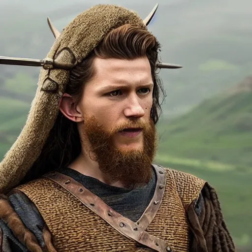 Prompt: Tom Holland wearing viking costume