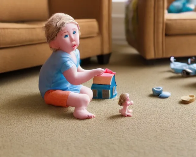 Image similar to giant baby in a small fairy living room tilt shift