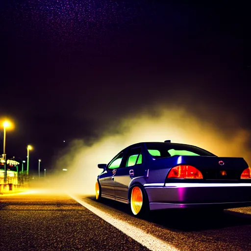 Image similar to a car JZX100 at illegal car meet, Chiba prefecture, city midnight mist lights, cinematic color, photorealistic, highly detailed, 50MM