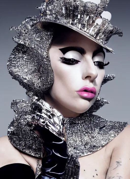 Image similar to lady gaga styled by nick knight posing , high fashion themed, archive pieces, vogue magazine, Highly realistic. High resolution. Highly detailed. Dramatic. 8k.4k.