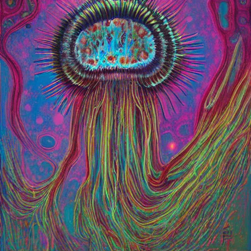 Prompt: Hyperrealistic intensely colored studio Photograph portrait of a deep sea psychedelic bioluminescent jellyfish deep underwater in darkness long exposure, award-winning nature deep sea expressionistic impasto heavy brushstrokes oil painting by Fabian Marcaccio and Jean Dubuffet and Audubon vivid colors hyperrealism 8k n-9