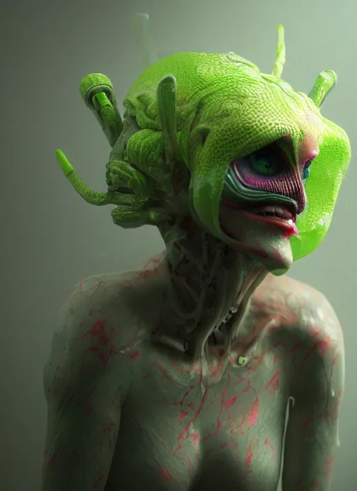 Prompt: alien woman, clothes made out of flower, rgb, cables everywhere, bedroom, ultra realistic, concept art, intricate details, highly detailed, photorealistic, octane render, 8 k