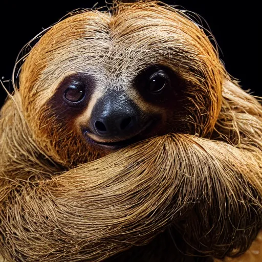 Image similar to a studio photo of a sloth using a cowboy hay