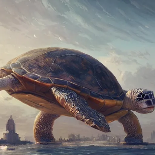 Image similar to A city on a gigantic turtle ,Greg rutkowski, Trending artstation, cinematográfica, digital Art