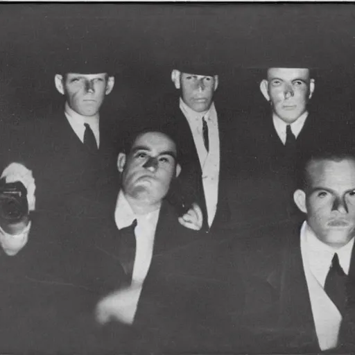 Prompt: 1930s photograph of a new-york mafia gang, staring straight at the camera, film grain, slightly blurry, highly realistic, ominous, dramatic lighting, confident poses