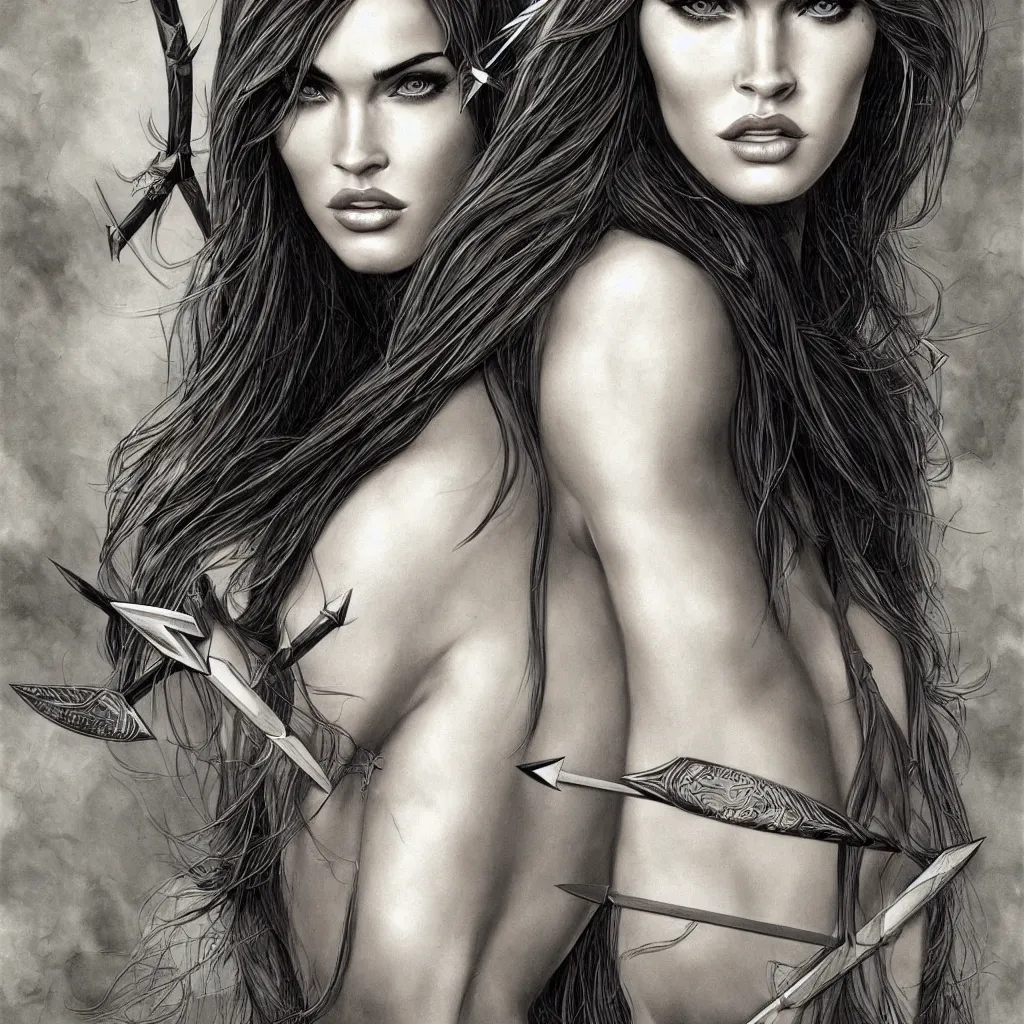 Image similar to portrait of beautiful megan fox as greek goddess aphrodite, archer, arrow on the head, beautiful piercing eyes, flowing blonde hair, realistic face, black and white drawing, in the style of greg rutkowski, fantasy, amazing detail, epic, intricate, elegant, smooth, sharp focus