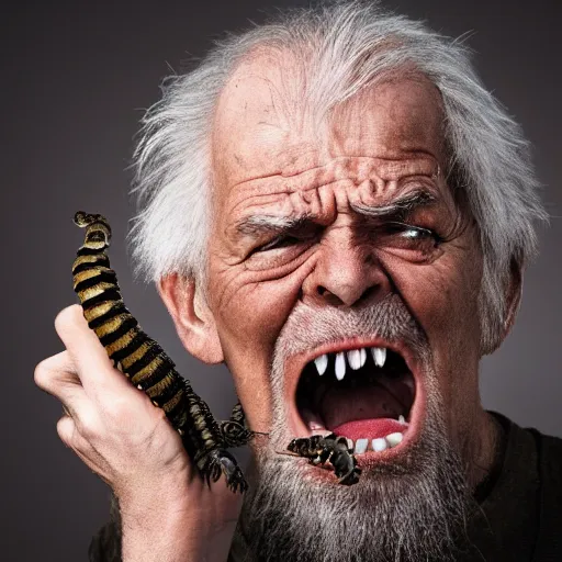 Prompt: National Geographic photo of angry old man with millipedes in his mouth