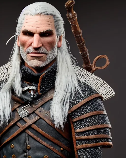 Image similar to geralt of rivia as a muppet. highly detailed felt. hyper real photo. 4 k.