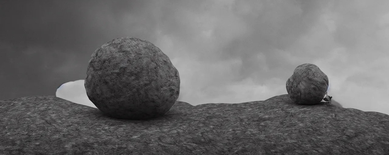 Image similar to Sisyphus pushing a large and round boulder up a mountain, the stone is rolling up, sisyphus looks tired and dejected, the mountain is steep, melancholic mood, photo realistic, 8k, HDR, ultra detailed, close up shot, movie poster, cinematic composition, trending on artstation