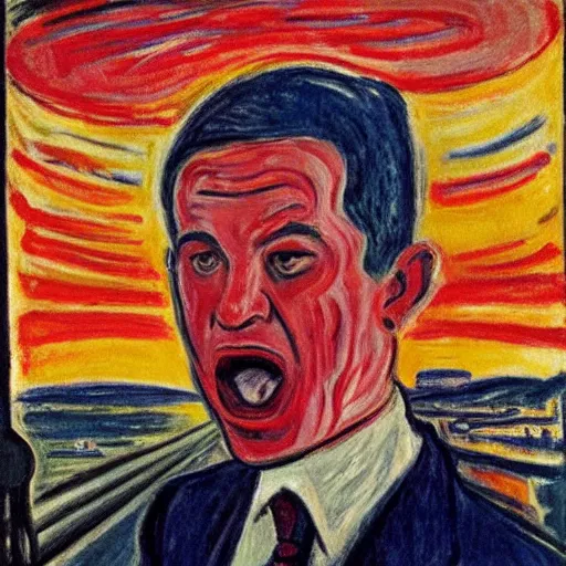 Image similar to portrait of benjamin netanyahu screaming on a bridge, hands on face, sunset, by edvard munch