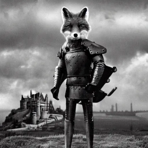 Prompt: anthropomorphic fox!! who is a medieval knight holding a swo - rd tow - ards a stormy thundercloud [ 1 9 3 0 s film still ], ( castle in the background )