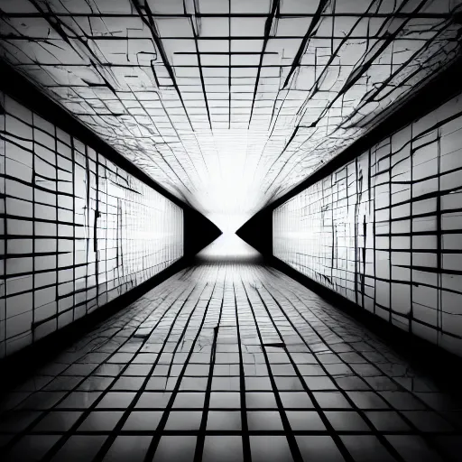 Image similar to inside of blank dark without light endless cube with black walls and white neon contours. Realistic Concept Art photography