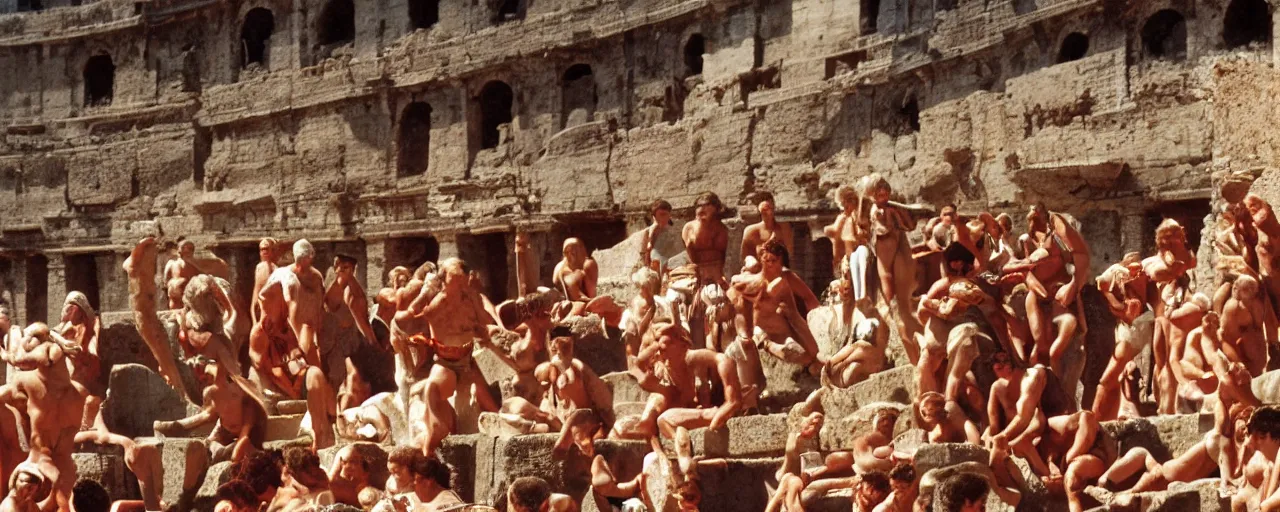 Prompt: ancient romans watching gladiators, big bowl of spaghetti!!!! coliseum architectural, minimal, canon 5 0 mm, wes anderson film, kodachrome, retro