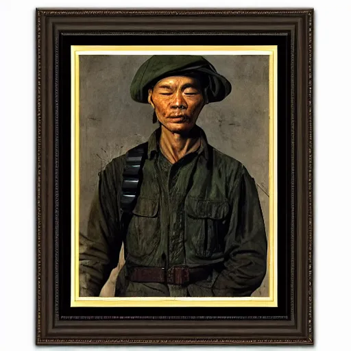 Image similar to portrait of a vietnam war soldier by caravaggio, posing, center framed, face, clair - obscur, highly detailed