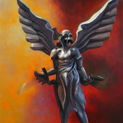 Prompt: polished rectangular round edged stone with demon wings and a barely visible demon face, oil painting, detailed