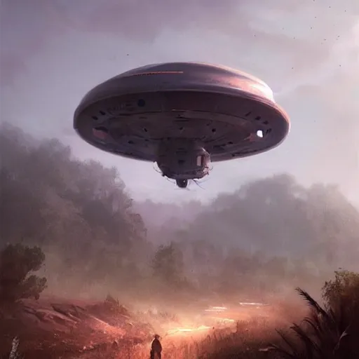 Prompt: crashed ufo, concept art, art station landscape, greg rutkowski, cinematic lighting hyper realistic painting, dark atmosphere