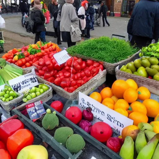 Prompt: Jamie carragher's fruit and veg stall on Deptford market