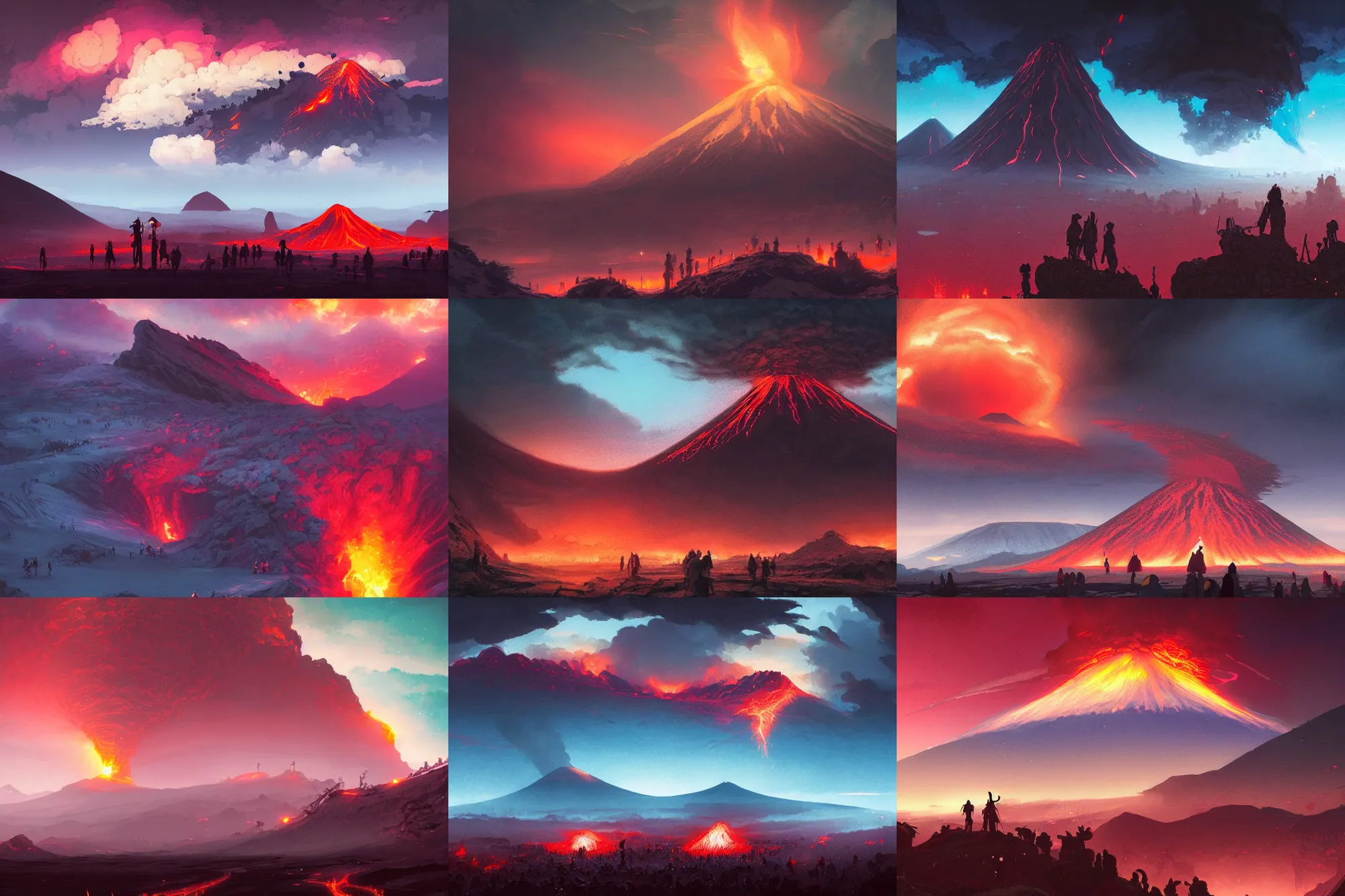 Prompt: crowd of people, volcano, red clouds, white snow, steampunk!!!! grainy texture, infographic with illustrations, glowing lights, epic fantasy, colorfully, digital art, highly saturated colors, concept art, detailed illustration, hd, 4 k, digital art, greg rutkowski, dan mumford, studio ghibli trending on artstation
