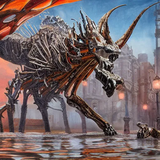 Image similar to giant quadruped bone creature walking through the center of a flooded city, extreme detail, abstract realism, highly ornate intricate details, 1 9 2 0's colored pencil, 4 k, cinematic lighting,