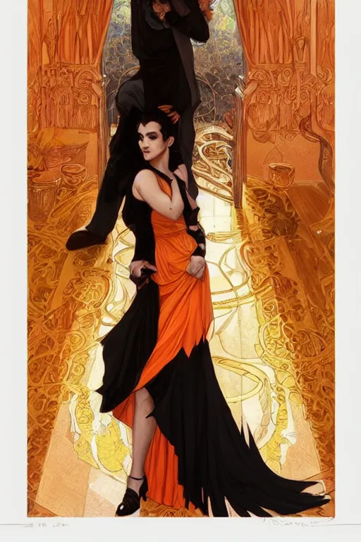 Image similar to bearded young man in orange t - shirt fastens beautiful black dress of his spouse before going to exquisite gala art by artgerm and greg rutkowski and charlie bowater and magali villeneuve and alphonse mucha