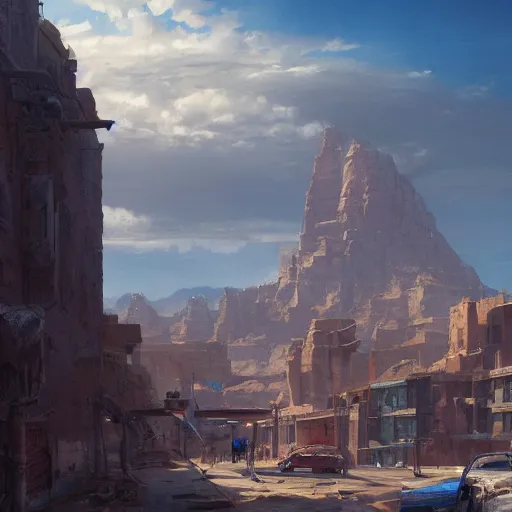 Prompt: pueblo city, sandstone, dessert scenery, blue skies, matte painting, by greg rutkowski, Raymond Swanland, trending on artstation