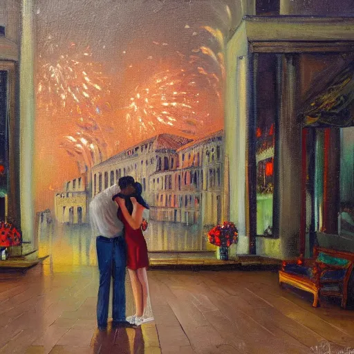 Image similar to an oil painting of couple kissing, in a background fireworks in venice