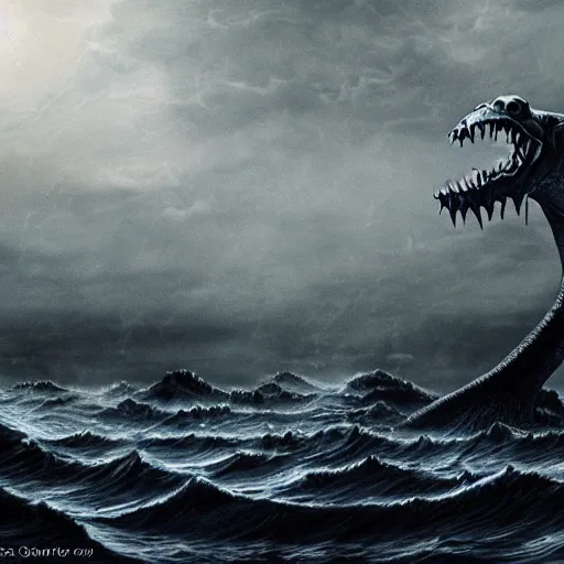 Image similar to Giant Sea Monster, gothic art, color, eerie, horror, scary, ominous, 8k, highly detailed