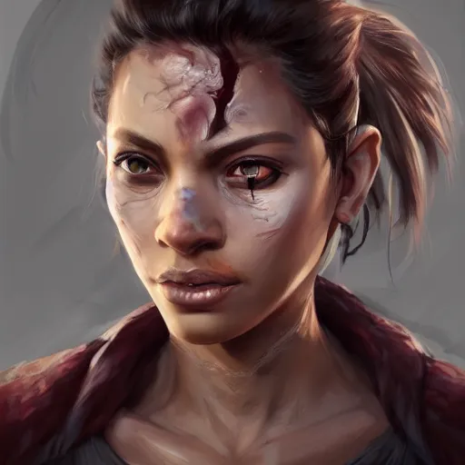 Prompt: beautiful, very strong, mixed race, female, middle aged, face, no makeup, scarred, head shot, fantasy, highly detailed, digital painting, artstation, concept art, smooth, sharp focus, illustration, art by jodie muir and brom