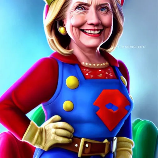 Image similar to Portrait of Hillary Clinton as super mario, fantasy, highly detailed, digital painting, artstation, concept art, sharp focus, illustration, art by Tony Sart and artgerm and randy vargas