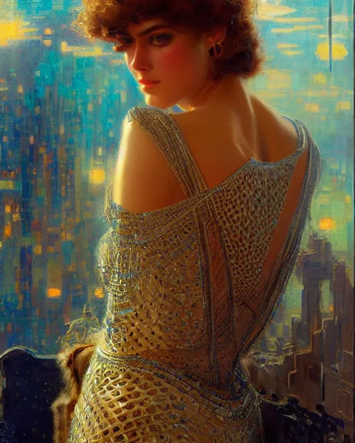 Image similar to an attractive model wearing a futuristic dress surrounded by intricate geometric patterns. highly detailed painting by gaston bussiere, craig mullins, j. c. leyendecker 8 k