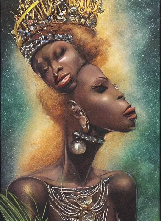 Image similar to portrait african princess, black iron crown, diamond shimmering dress, strong line, deep color, forest, beautiful! coherent! by boris vallejo, by brian froud