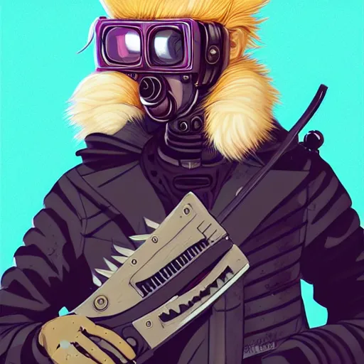 Image similar to a portrait of an anthropomorphic cyberpunk blond terrier! holding a chainsaw, fantasy, elegant, digital painting, artstation, concept art, matte, sharp focus, illustration, art by josan gonzalez