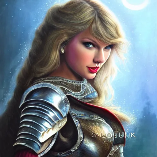 Image similar to the picture of taylor swift in a knight armor, epic fantasy art, mystical, mystic atmosphere, mythology, photo realistic, high detail, ultra realistic, hyper realistic, high definiton, 4 k uhd,