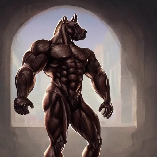 Image similar to a musclebound anthropomorphized horse with a magnificently muscular physique wearing a tight leather battle outfit standing guard at a facility, equine, anthro art, furaffinity, highly detailed, digital painting, artstation, sharp focus, game art, concept art, illustration, art by artgerm, greg rutkowski, wlop