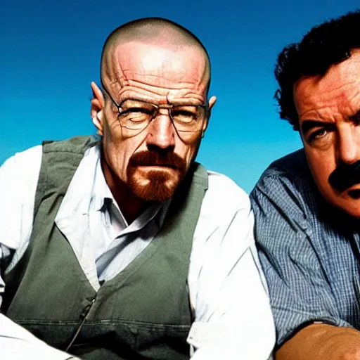 Image similar to walter white with pablo escobar talking about blue sky meth ( cinematic still frame shot, great detailed, good quality, greatly illustrated, uhd, studio lighting, 8 k, photo - realistic, hyperrealistic )