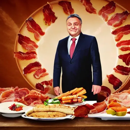 Image similar to portrait of viktor orban proudly sitting behind a table full of bacon