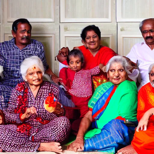 Image similar to south indian grandmothers and grandfathers having a pyjama party in space