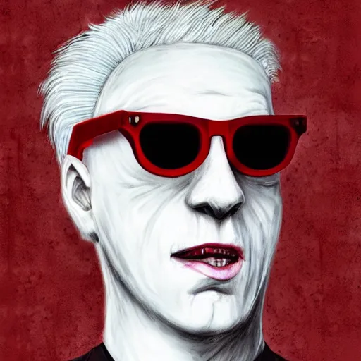 Prompt: man with white skin, white hair, wearing red tainted glasses, horror, art by David Romero