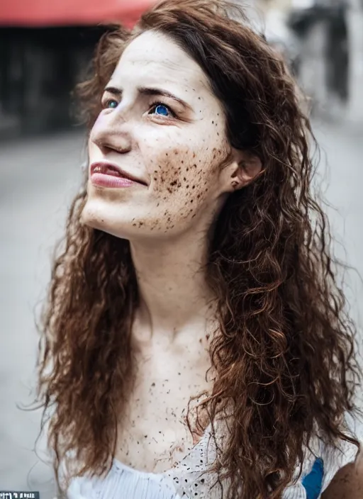 Image similar to Mid-shot portrait of a beautiful 30-year-old woman from Moldova, with freckles and wavy hair, candid street portrait in the style of Martin Schoeller award winning, Sony a7R