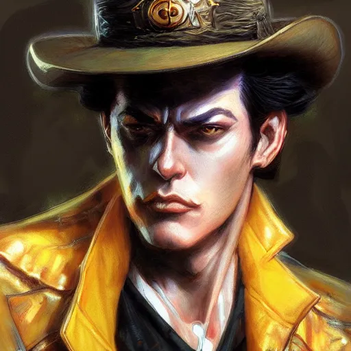 Image similar to Jotaro Kujo, closeup character portrait art by Donato Giancola, Craig Mullins, digital art, trending on artstation