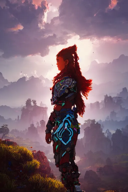 Image similar to combination suit armor aloy horizon forbidden west horizon zero dawn radiating a glowing aura global illumination ray tracing hdr fanart arstation by ian pesty and alena aenami artworks in 4 k tribal robot ninja mask helmet backpack