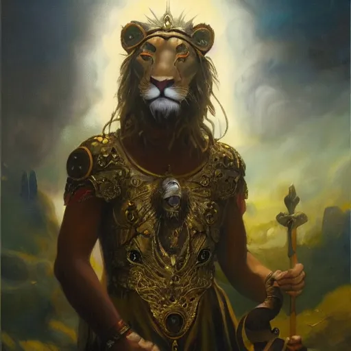 Prompt: mystical cosmic goth lion viking messenger queen, oil painting by greg rutkowski, james jean, frank crozier, ellis silas, john singer sargent, george bellows, georgia o keeffe. 4 k high - quality, emotional