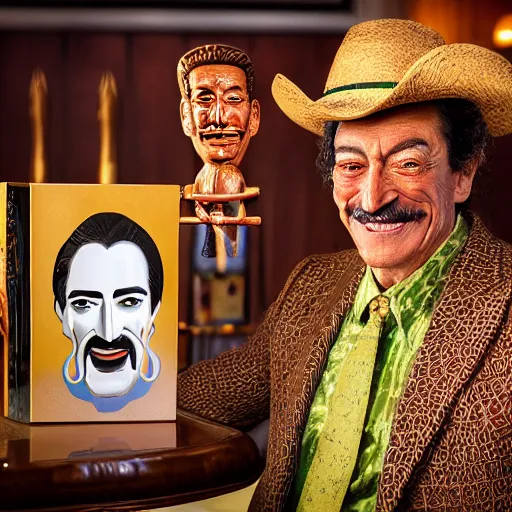 Image similar to a closeup photorealistic photograph of smiling salvador dali at trader vic's bar sitting next to a trader vic's style tiki mug featuring the face of salvador dali. tiki culture. bright scene. 4 k hd image that's trending on artstation, featured on behance, well rendered, extra crisp, features epic composition and the style of unreal engine.