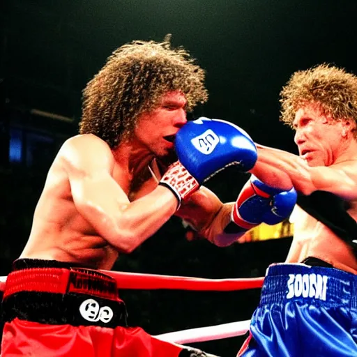 Prompt: ”ESPN photograph of Zack de la Rocha punching Jon Bon Jovi in boxing match, 4k uhd”