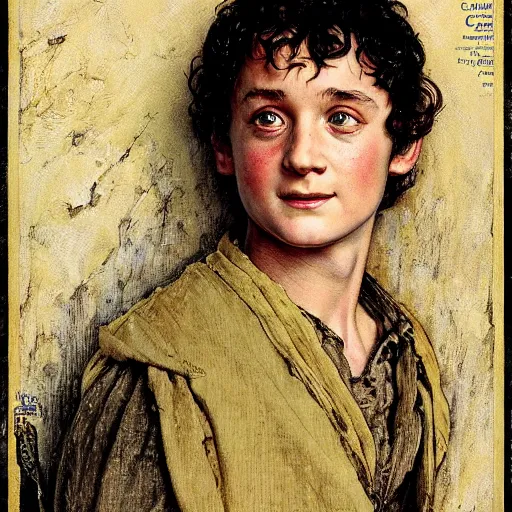 Image similar to Frodo Baggins head and shoulders portrait by norman Rockwell, epic