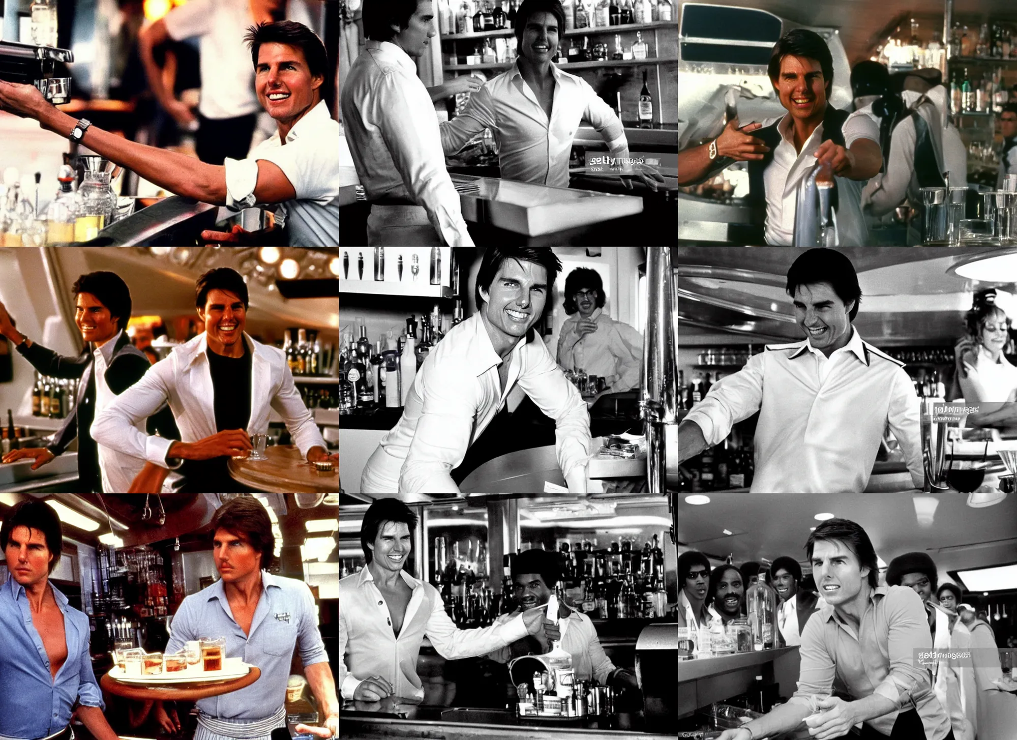 Prompt: tom cruise as bartender isaac washington working on the love boat, 1 9 8 0