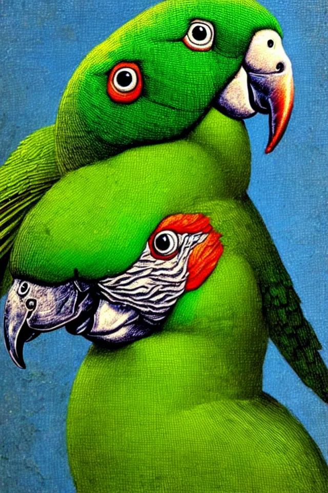 Image similar to a renaissance close up portrait of a green duck parrot as a ninja turtle, centered, triumphant, beautiful intricate painting