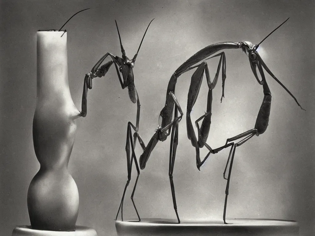 Prompt: sculpted artistic gothic candle amphora in the shape of a praying mantis. karl blossfeldt, salvador dali