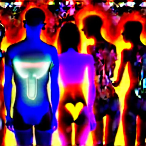 Image similar to diverse groups of humans with glowing electronic body implants projecting amazing images collectively, from behind, rebirth, beauty, wide angle, elaborate, wet, highly detailed, colors, beautiful lighting